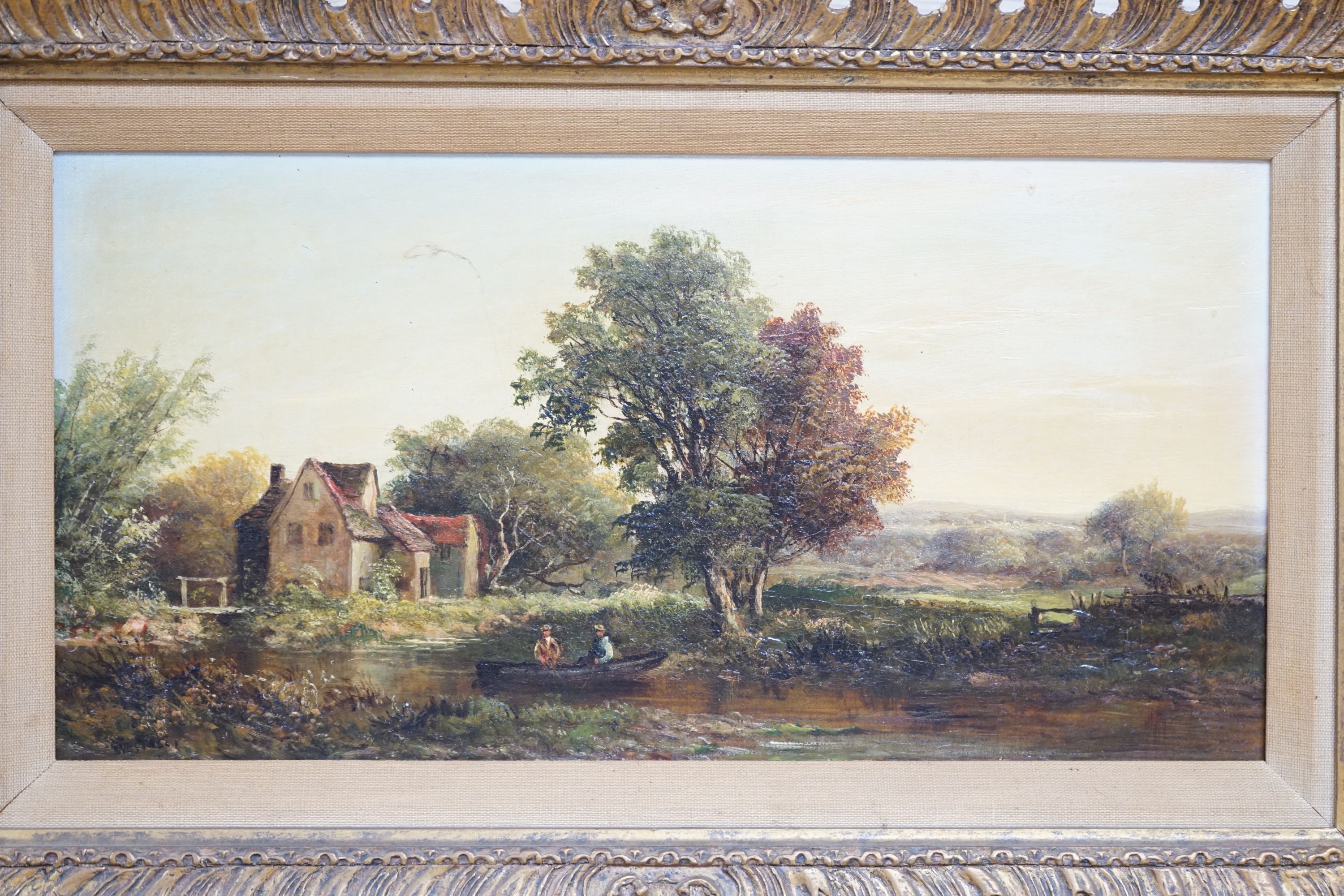William Westall (1781-1850), pair of oils on canvas, Suffolk landscapes, signed, Stacy Marks labels verso, 20 x 39cm